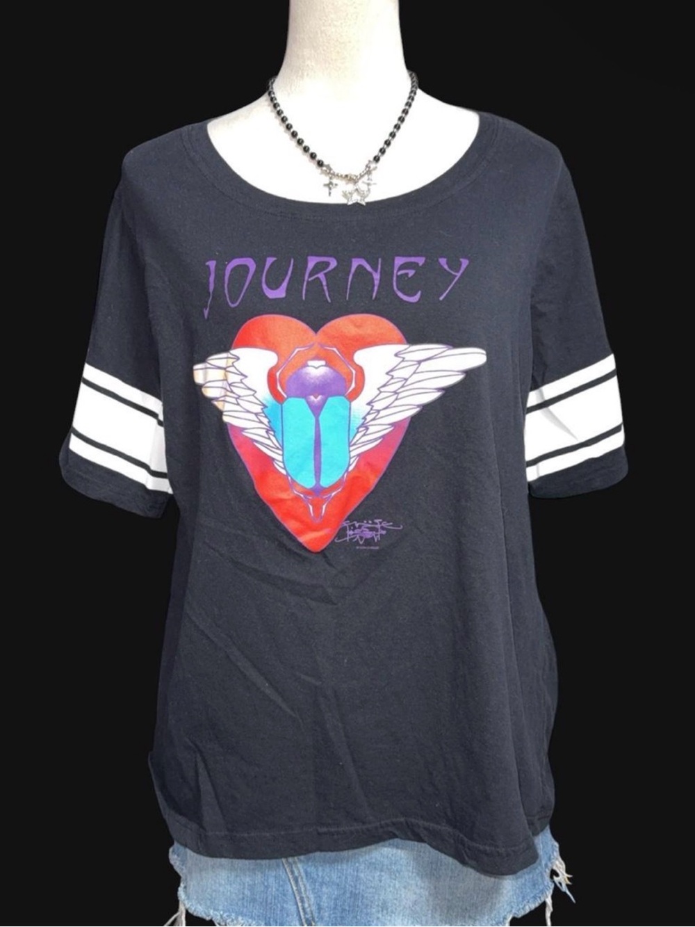 Journey Graphic Black Short Sleeve Tee with Heart Wing Motif